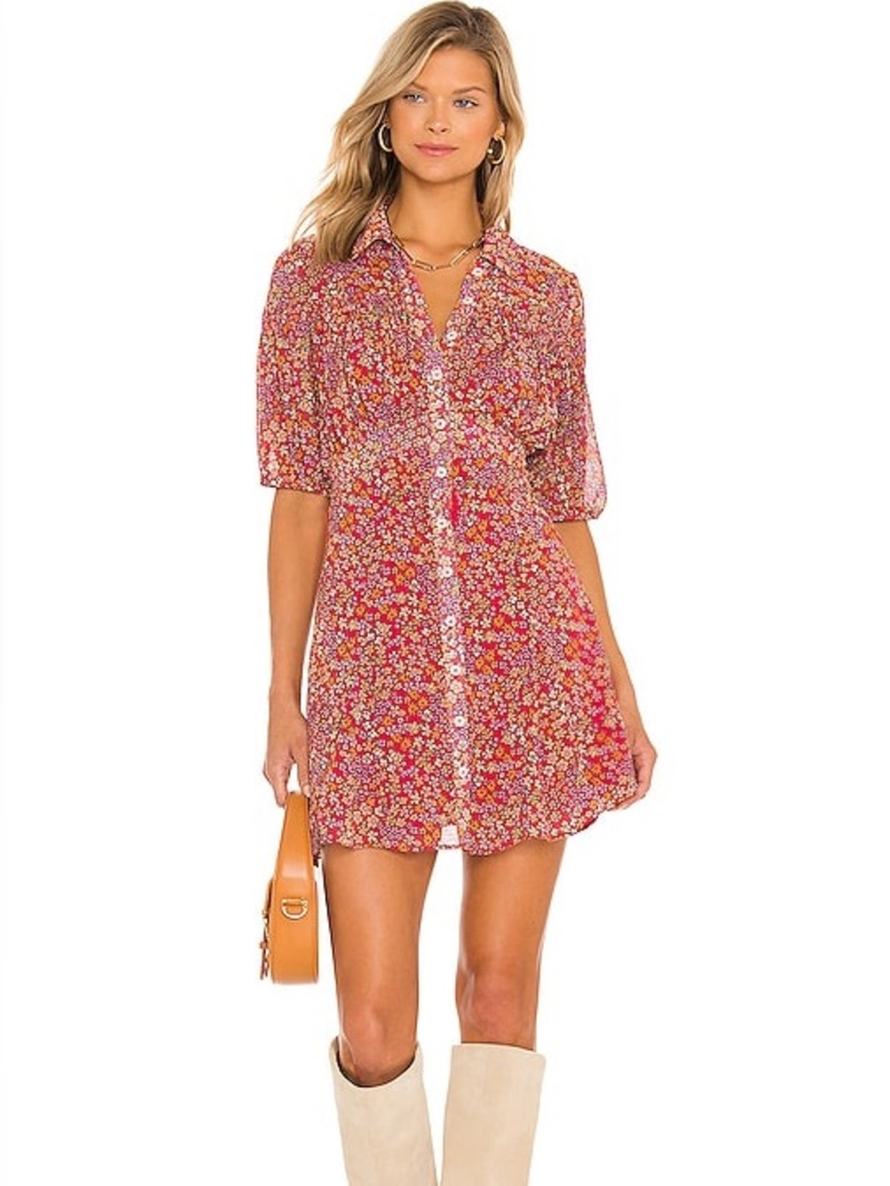 Free People Floral Puff Sleeve Mini Dress in Red
